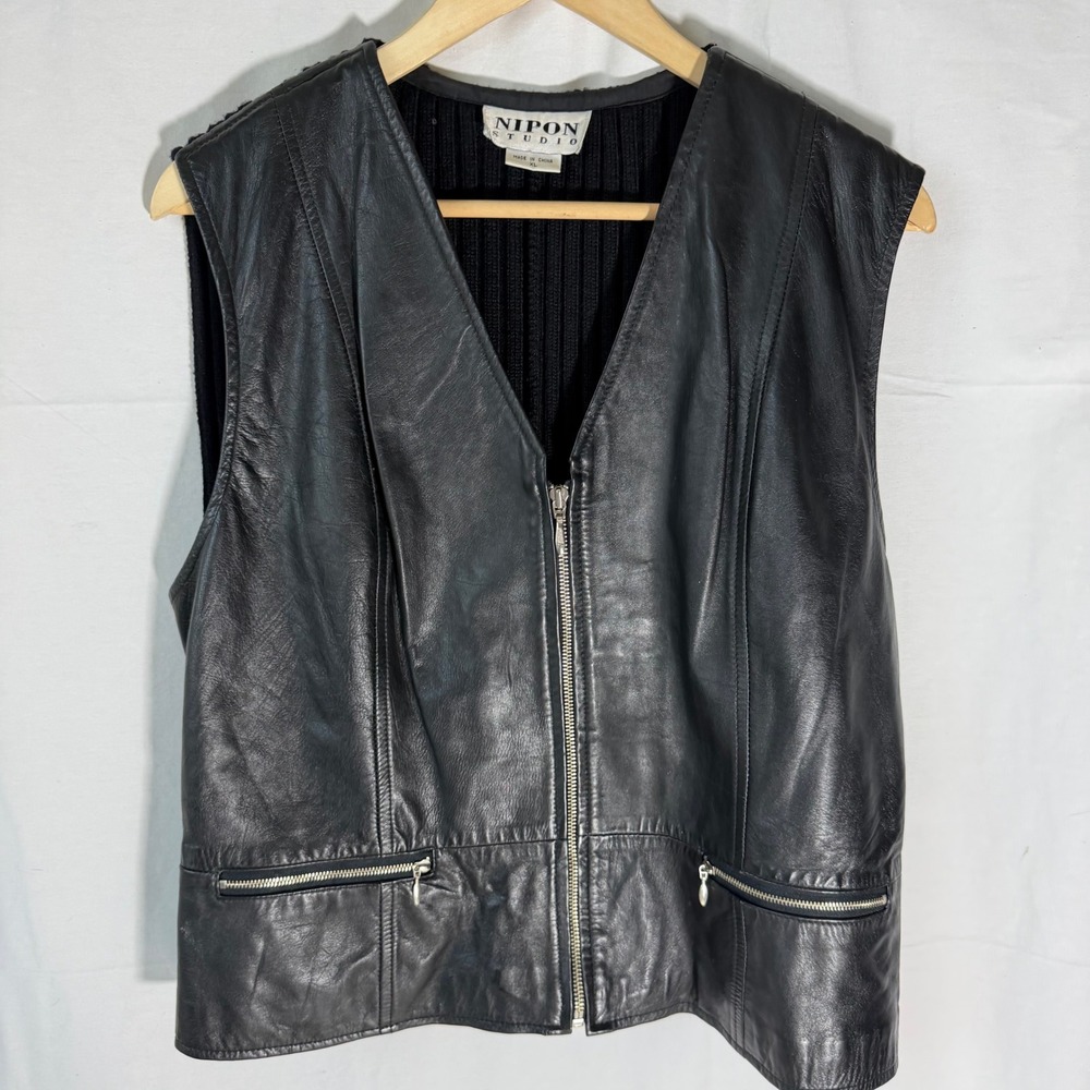 Nipon Studio Womens Black Genuine Leather Ribbed Knit Back Zip Up Vest XL